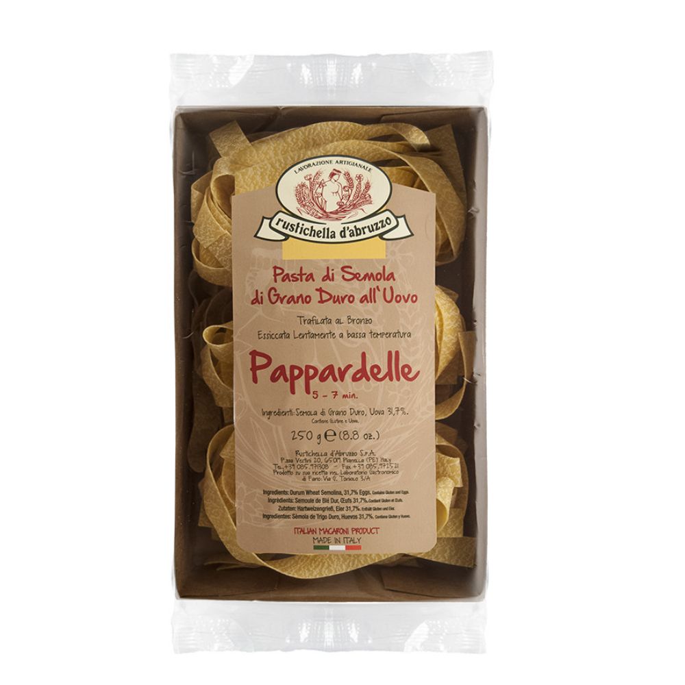 Box of Pappardelle pasta with a rustic label on a white background