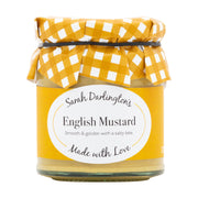 Jar of Sarah Darlington's English Mustard with a yellow checkered lid on a white background