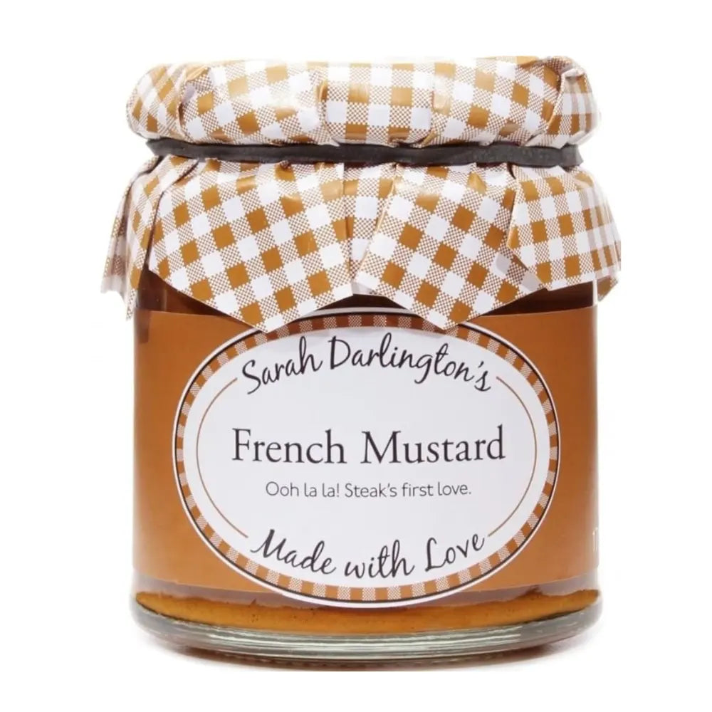 Jar of Sarah Darlington's French Mustard with a checkered lid on a white background