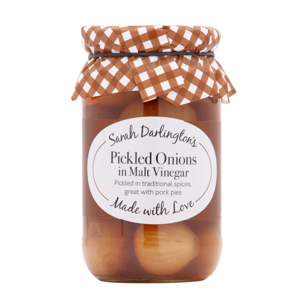 Jar of pickled onions with a checkered lid on a white background