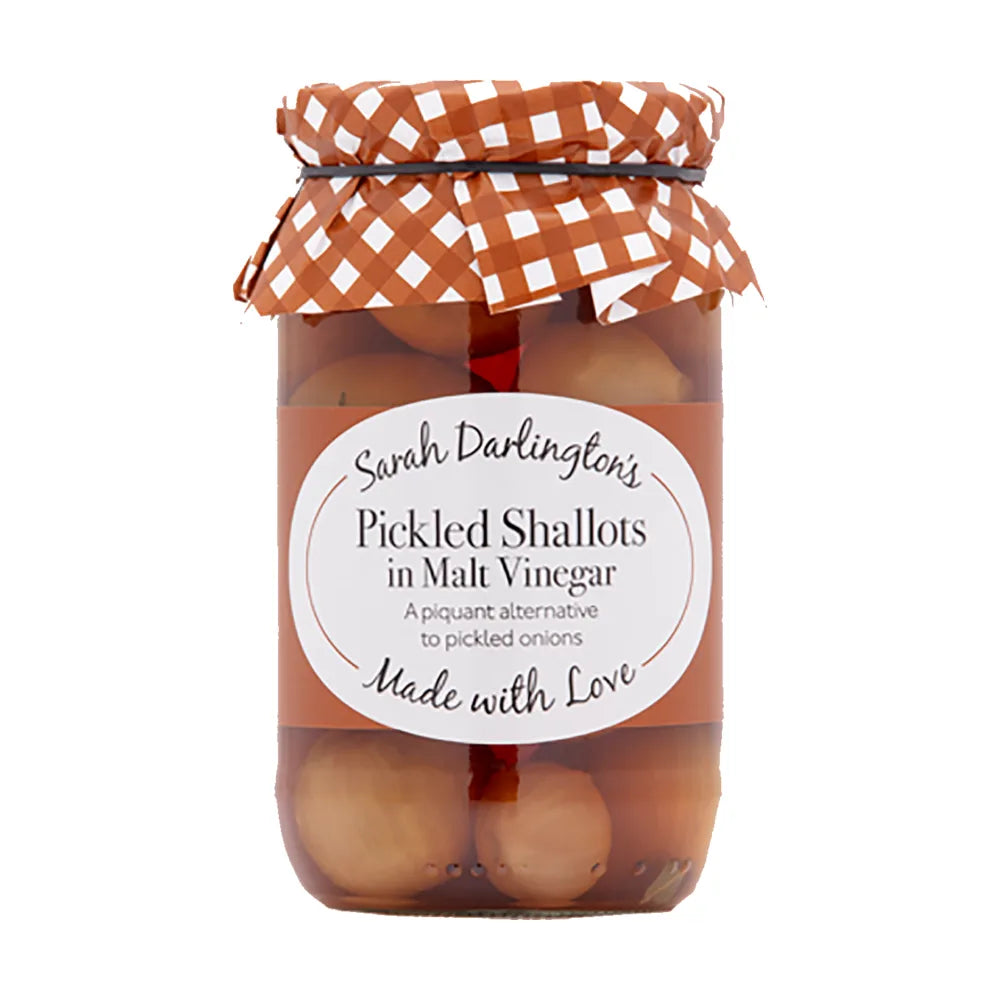 Jar of Sarah Darlington's Pickled Shallots in Malt Vinegar with a checkered lid on a white background