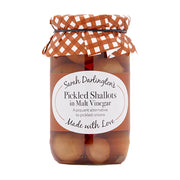 Jar of Sarah Darlington's Pickled Shallots in Malt Vinegar with a checkered lid on a white background