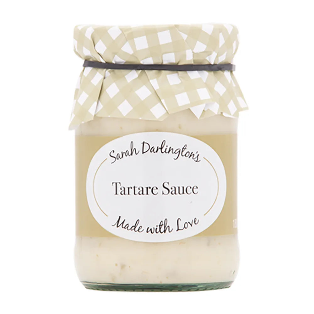 Jar of Sarah Darlington's Tartare Sauce with a checkered lid on a white background