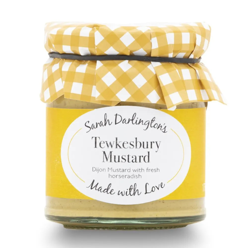 Jar of Tewkesbury Mustard with a yellow checkered lid on a white background