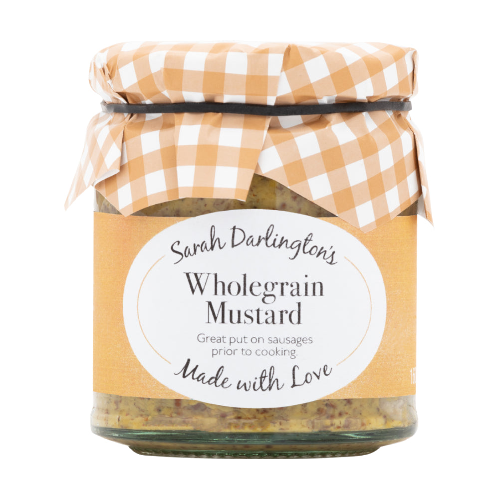 Jar of Sarah Darlington's Wholegrain Mustard with a checkered lid on a white background