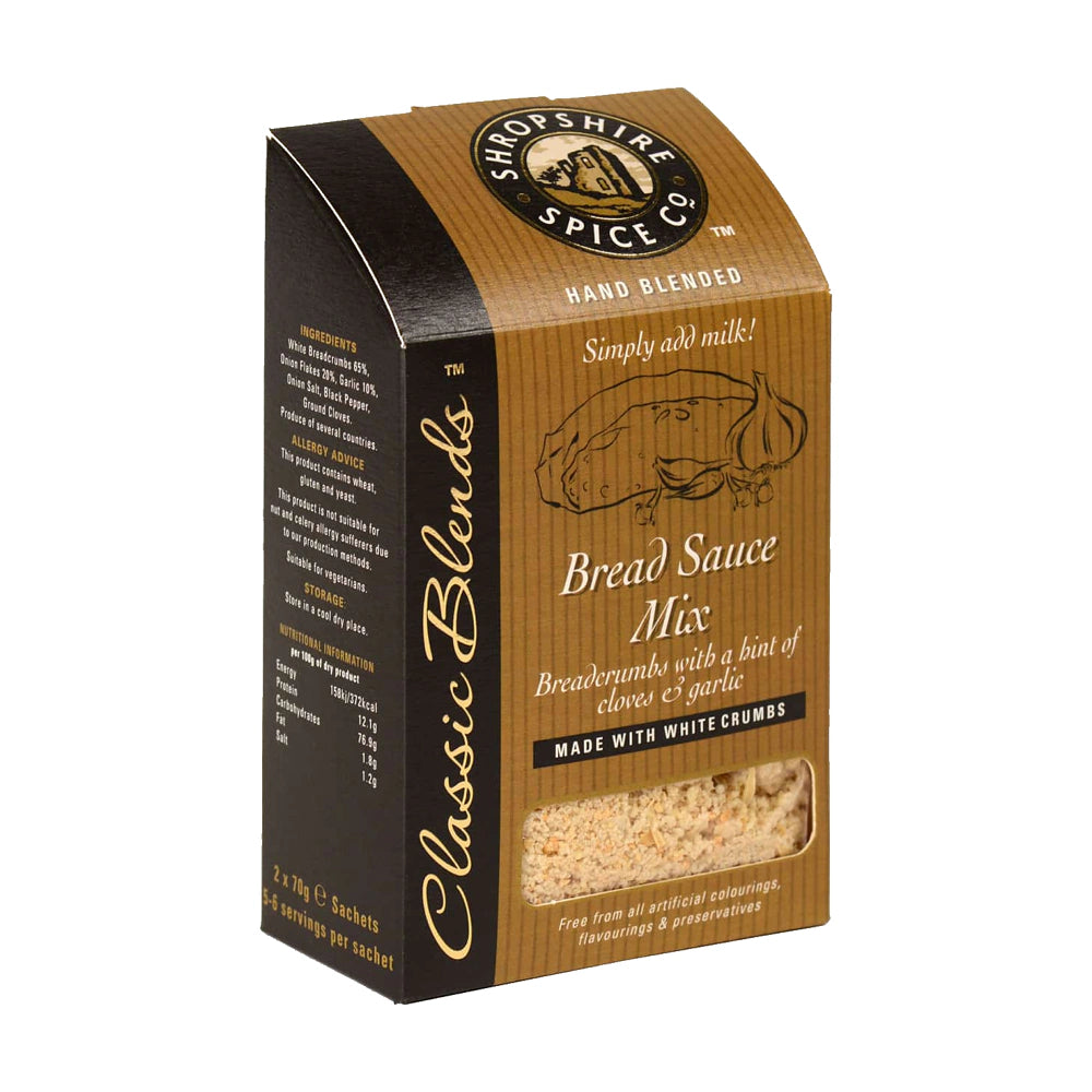 Box of Shropshire Spice Co. bread sauce mix on a white background
