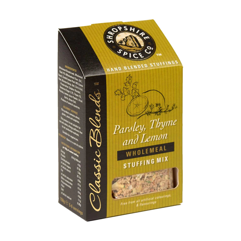 Box of Shropshire Spice parsley, thyme, and lemon stuffing mix on a white background