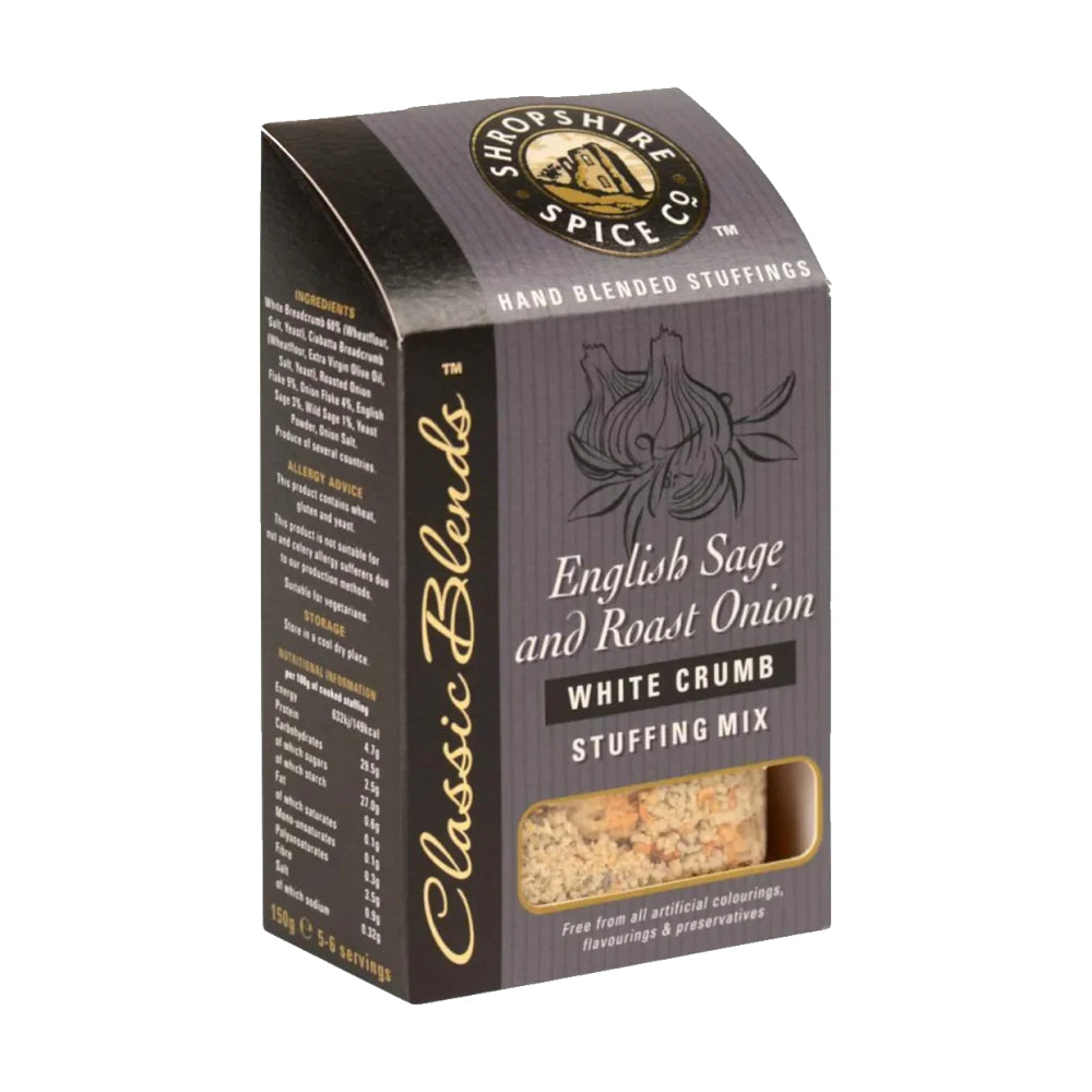 Box of Sirocco Spice Co. English Sage and Roast Onion White Crumb Stuffing Mix on a white background