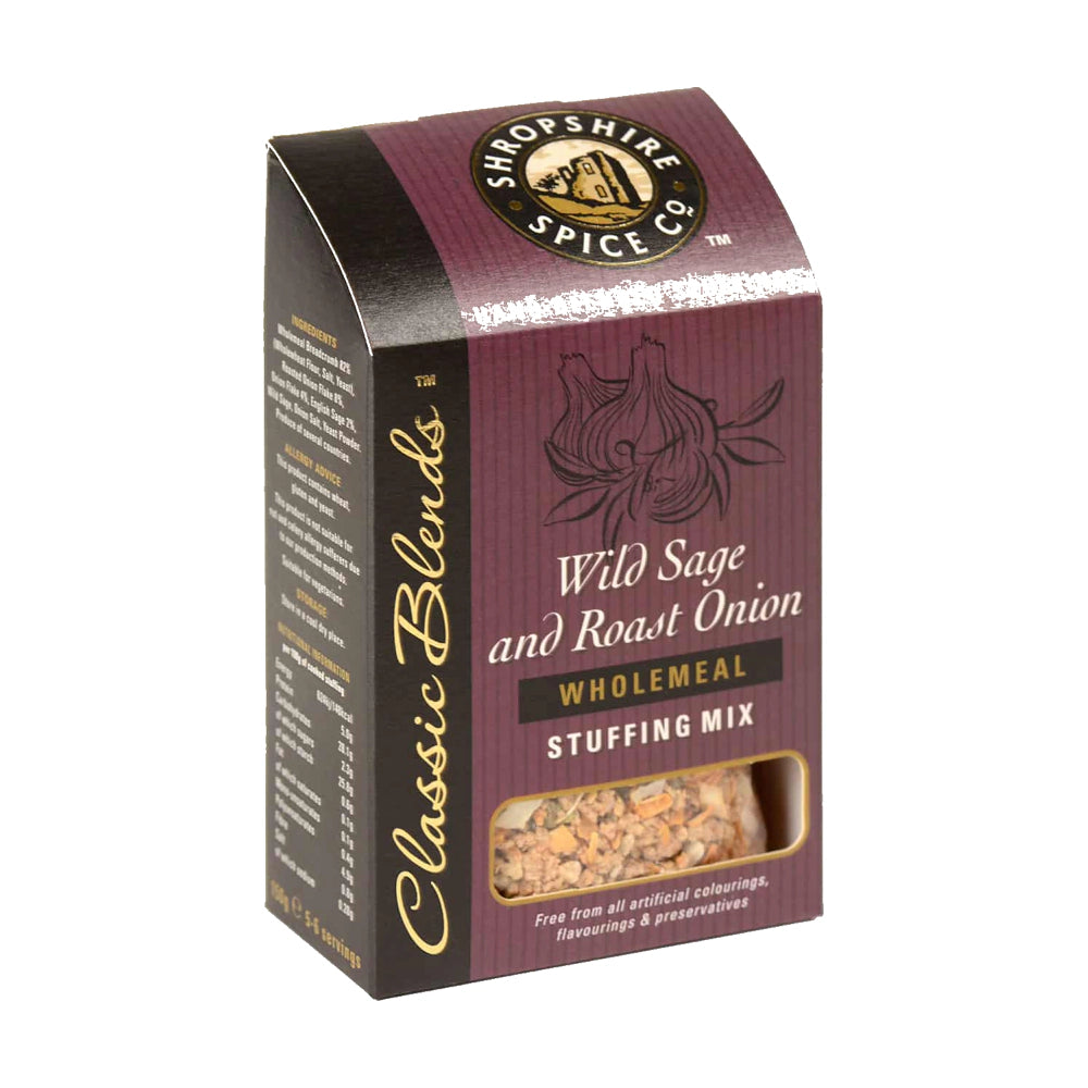 Shropshire Spice Co. Wild Sage and Roast Onion stuffing mix packaging on a white background