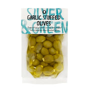 Packaged garlic-stuffed olives with a label on a white background