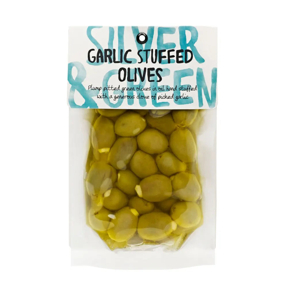 Packaged garlic-stuffed olives with a label on a white background