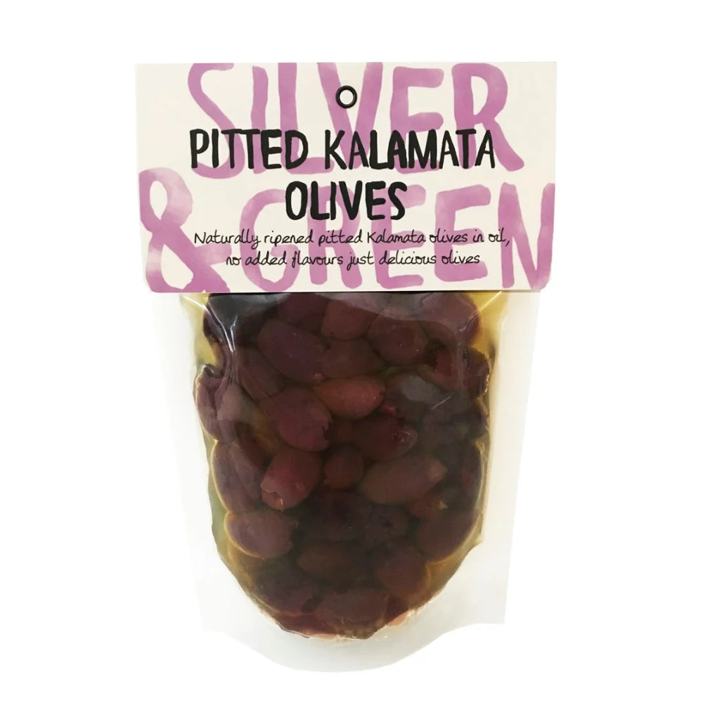 Packaged pitted Kalamata olives with a visible label on a white background