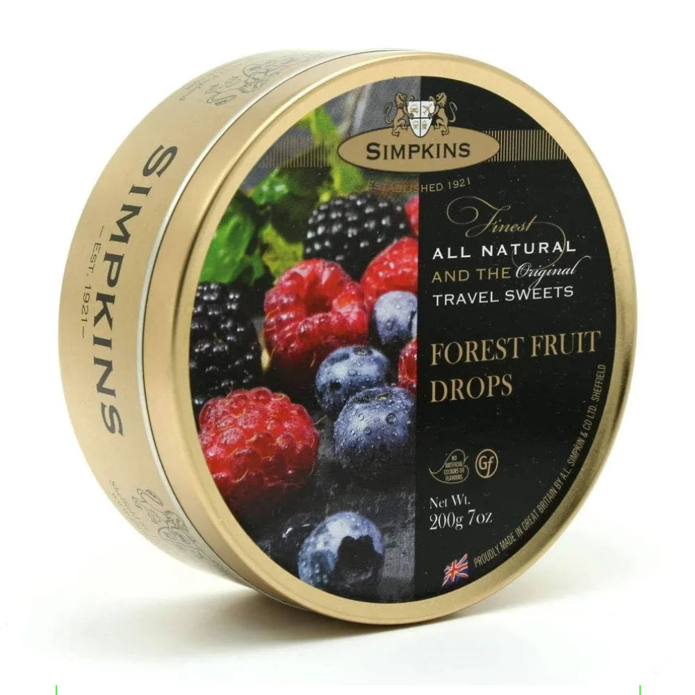 Simpkins Forest Fruit Drops tin with berries on a white background