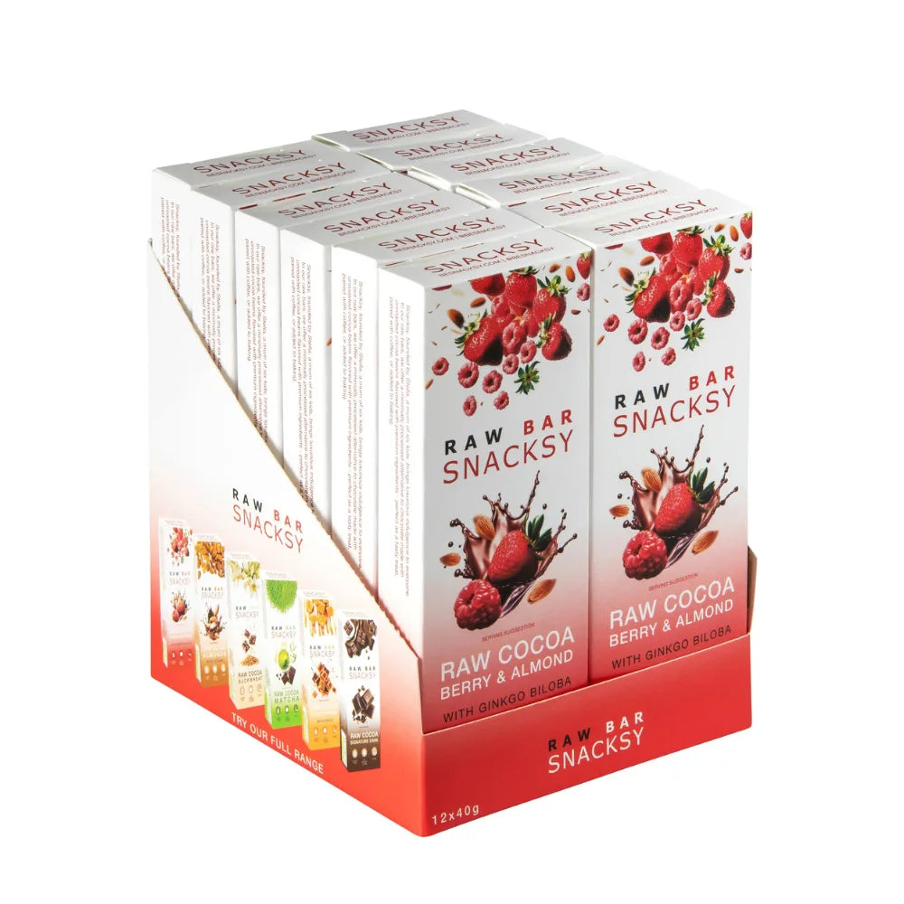 Box of Raw Bar Snacksy raw cocoa berry & almond bars on a white background