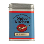 Spice Kitchen Chimichurri spice tin with blue label and red stripe on a white background
