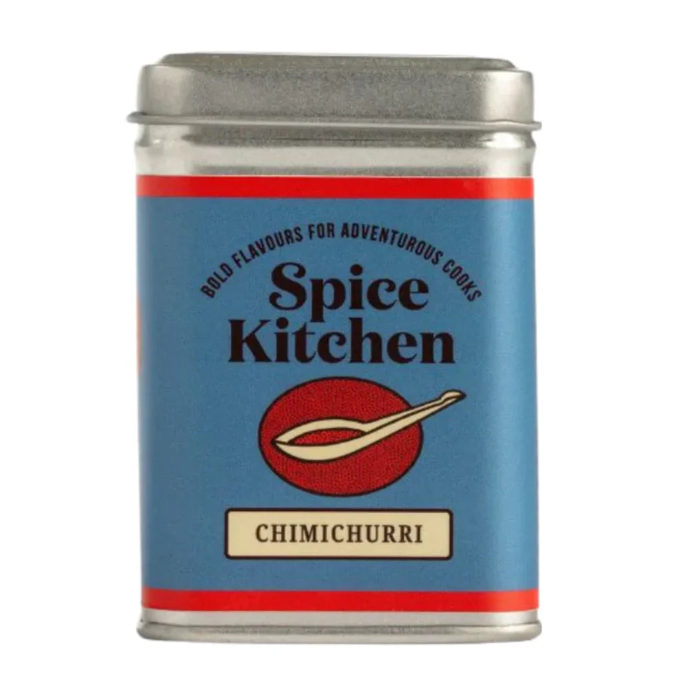 Spice Kitchen Chimichurri spice tin with blue label and red stripe on a white background