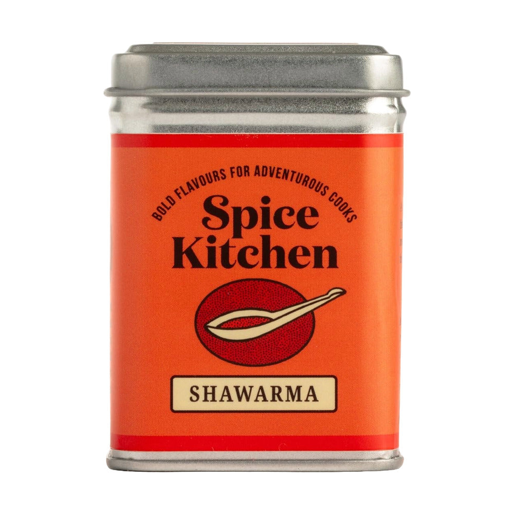 Spice Kitchen Shawarma spice tin with orange label and silver lid on a white background