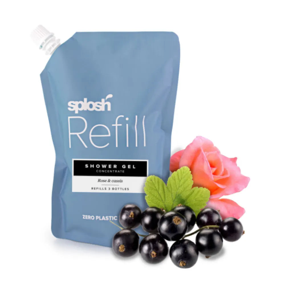Blue refill pouch for shower gel with blackberries and a pink rose on a white background
