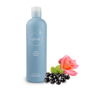Blue bottle of 'splash' shower gel with a pink rose and blackberries on a white background