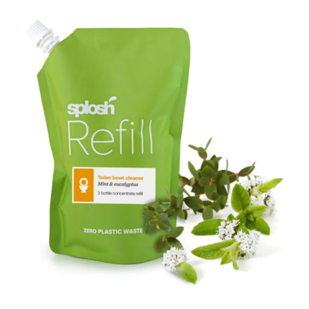 Green refill pouch with plant elements on a white background