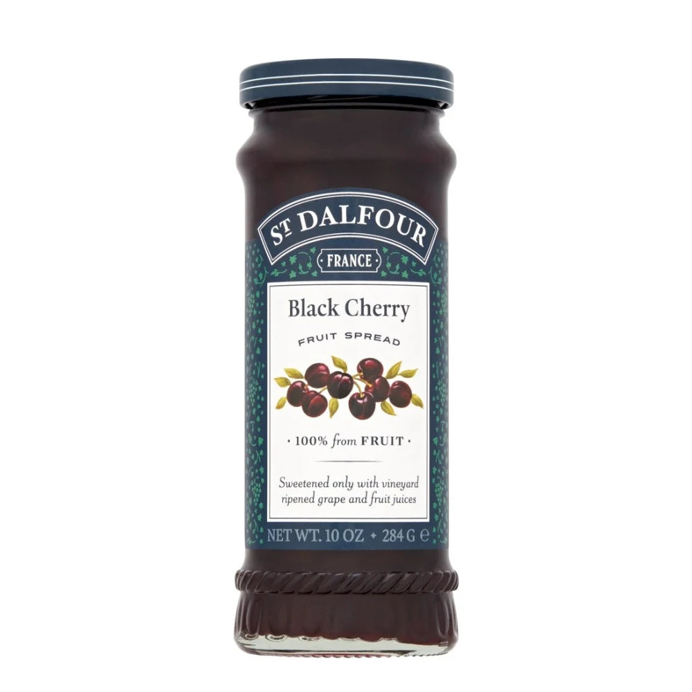 Jar of St. Dalfour Black Cherry Fruit Spread on a white background