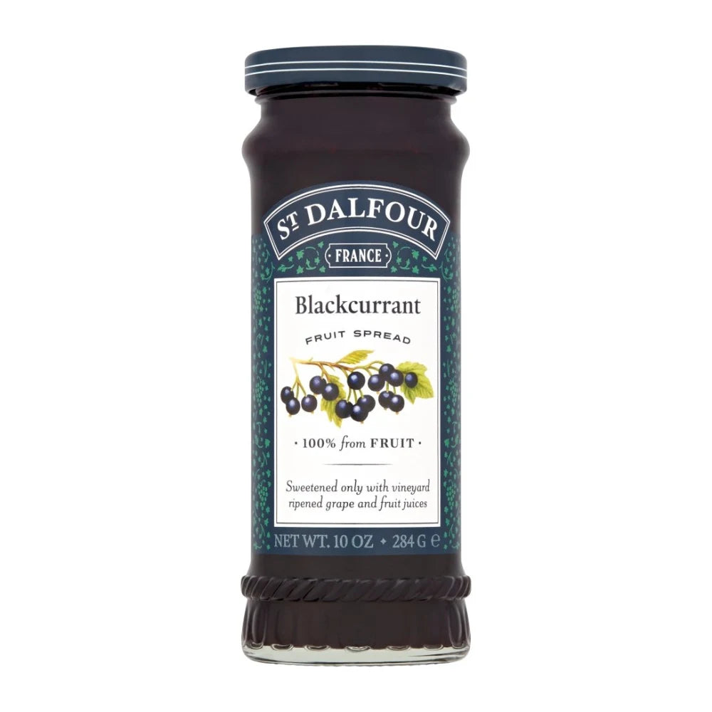 Jar of St. Dalfour Blackcurrant Fruit Spread on a white background