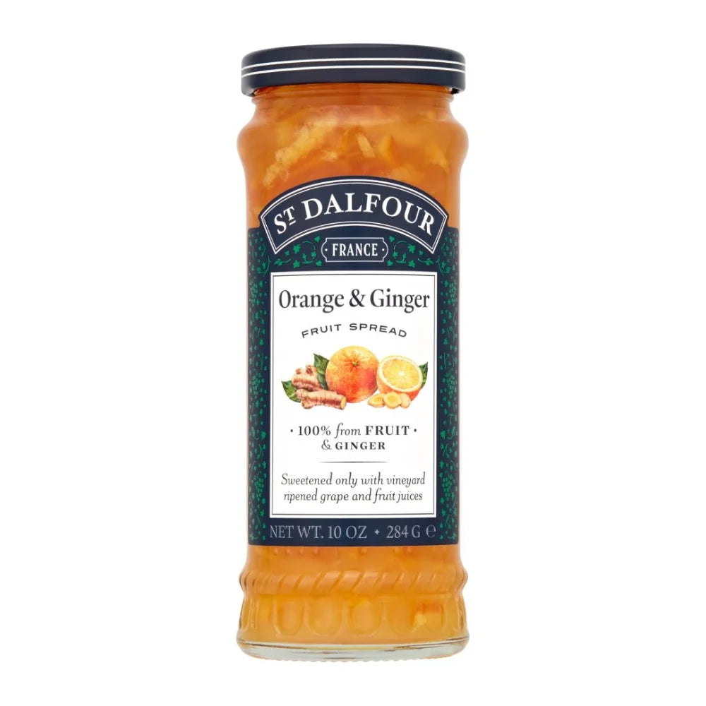 St. Dalfour Orange & Ginger fruit spread jar on a white background
