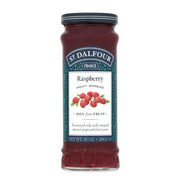 Jar of St. Dalfour Raspberry Fruit Spread on a white background