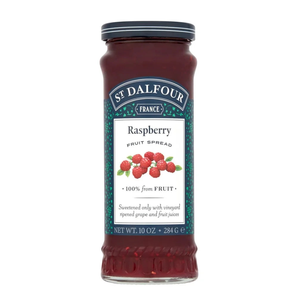 Jar of St. Dalfour Raspberry Fruit Spread on a white background