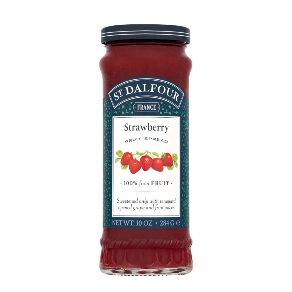 Jar of St. Dalfour Strawberry Fruit Spread on a white background