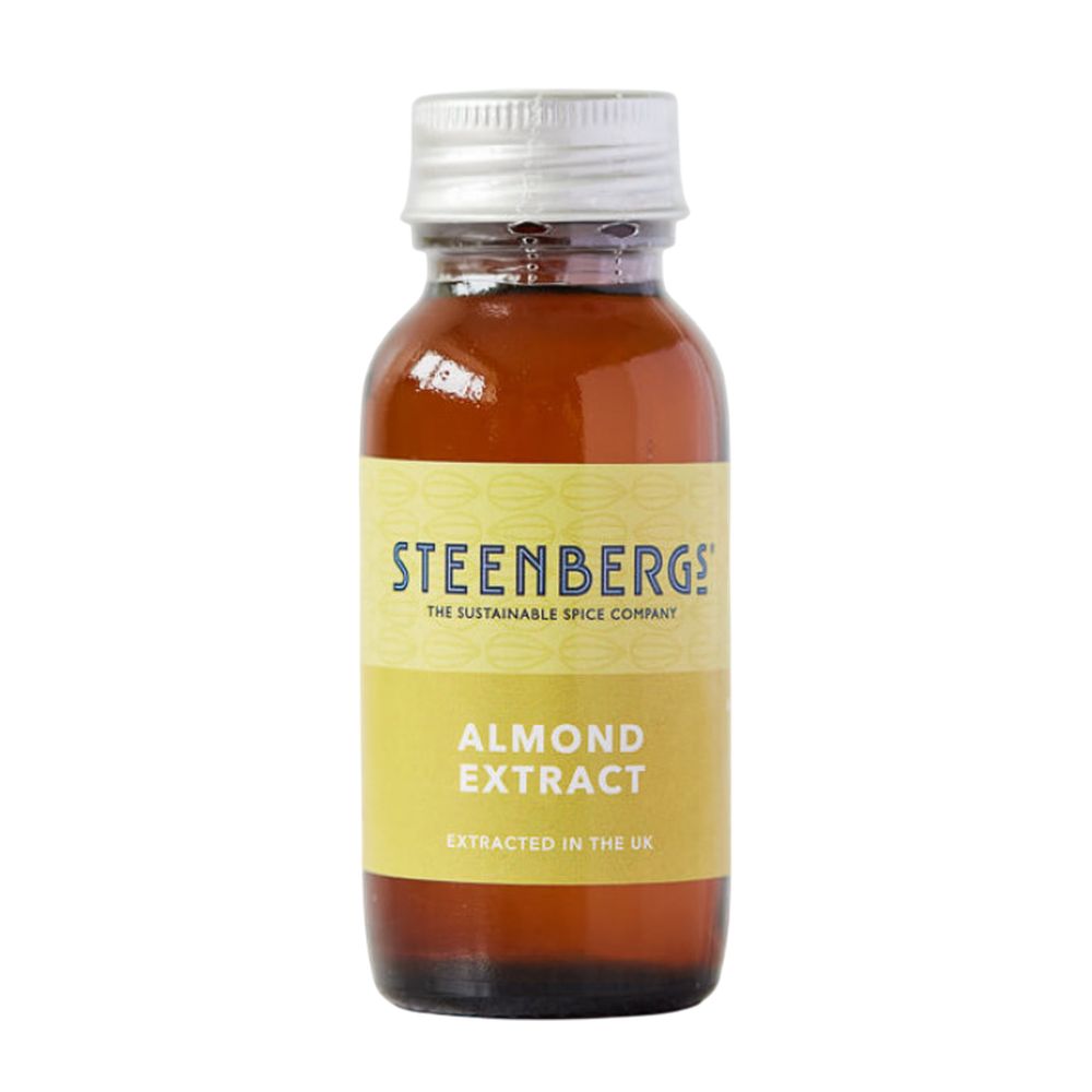 Steenbergs almond extract bottle on a white background
