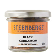 Jar of Steenbergs black cardamom on a white background