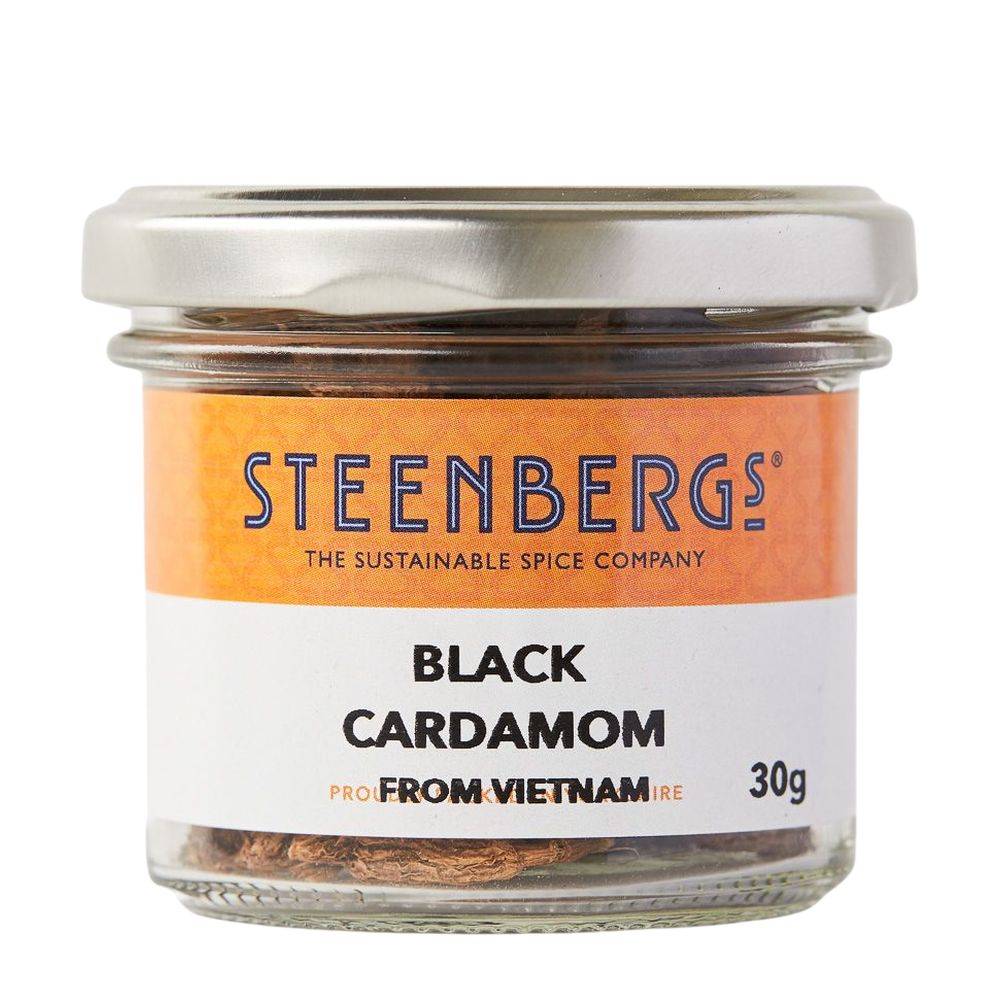 Jar of Steenbergs black cardamom on a white background