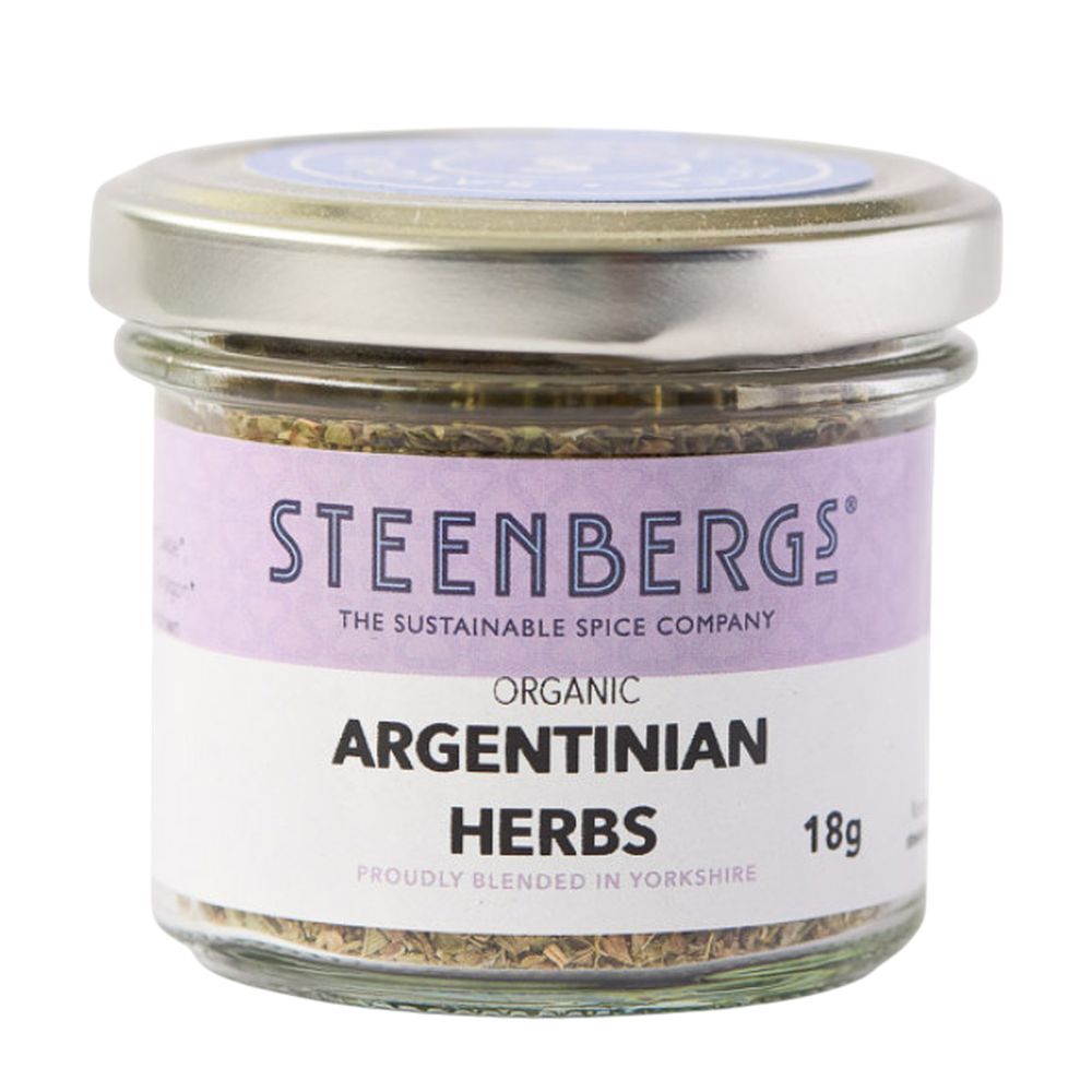 Jar of Steenbergs Organic Argentinian Herbs on a white background