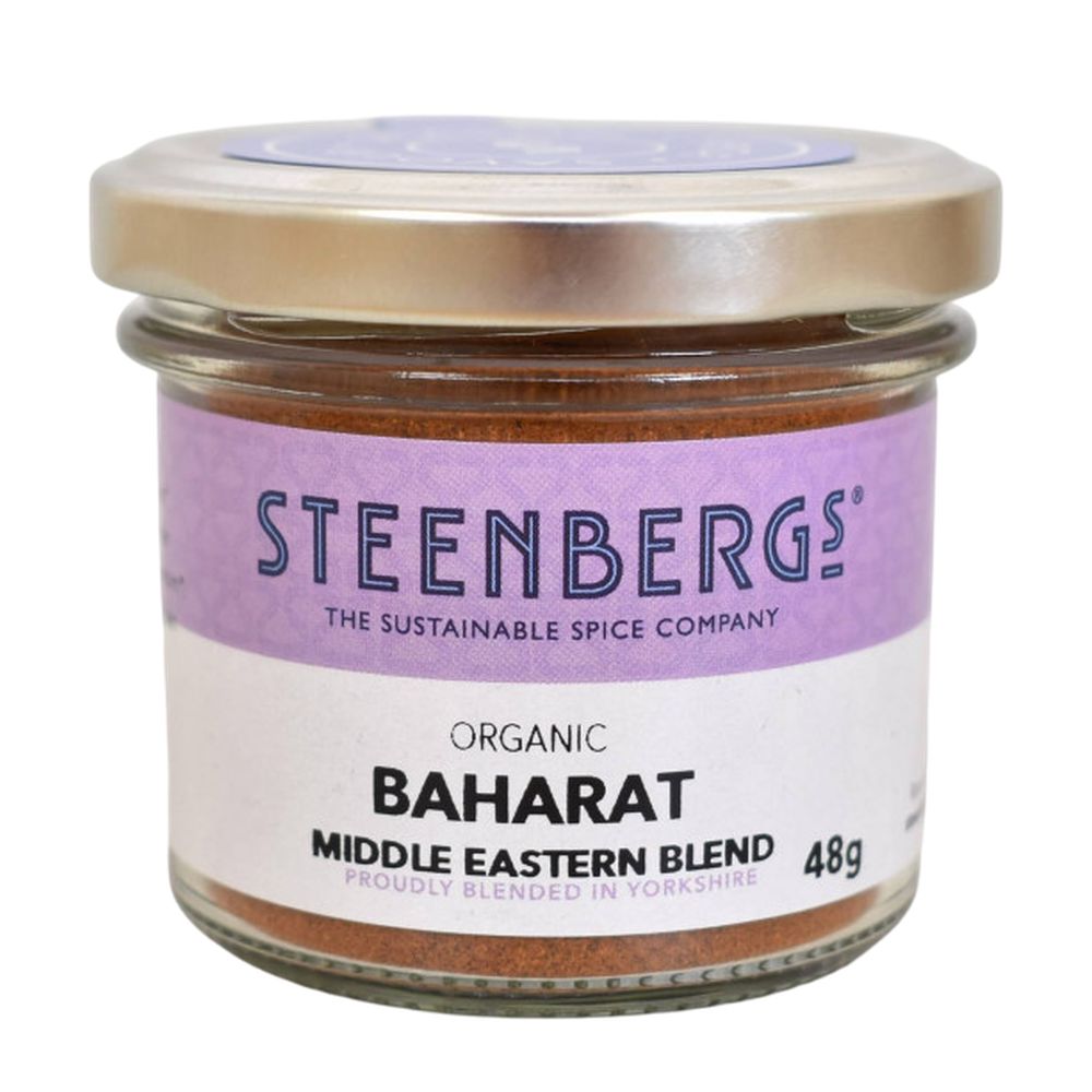 Steenbergs organic Baharat Middle Eastern blend spice jar on a white background