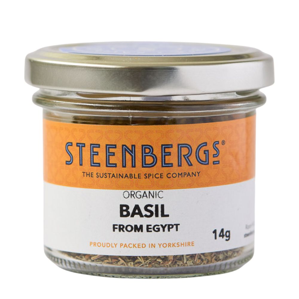 Steenbergs organic basil jar on a white background