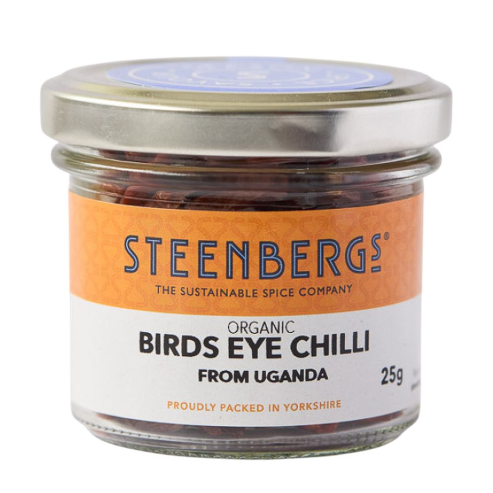 Jar of Steenbergs organic Birds Eye Chilli from Uganda on a white background