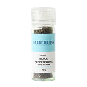 Steenbergs organic black peppercorns container on a white background