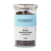Jar of Steenbergs organic black peppercorns on a white background