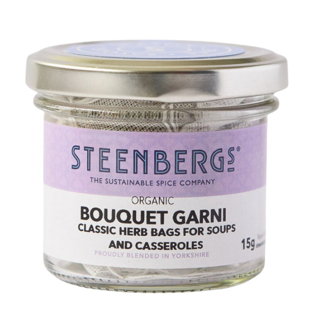 Steenbergs bouquet garni jar with a purple label on a white background
