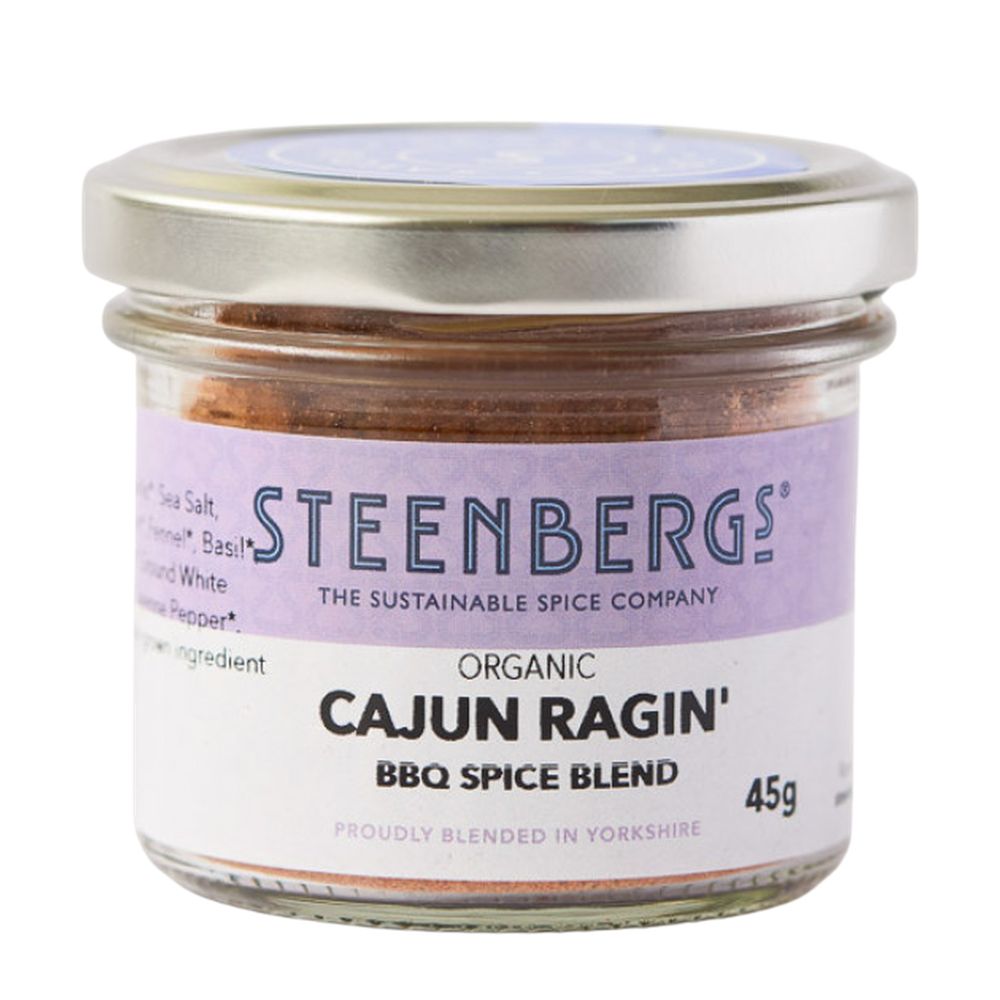 Jar of Steenbergs Organic Cajun Ragin' BBQ Spice Blend on a white background