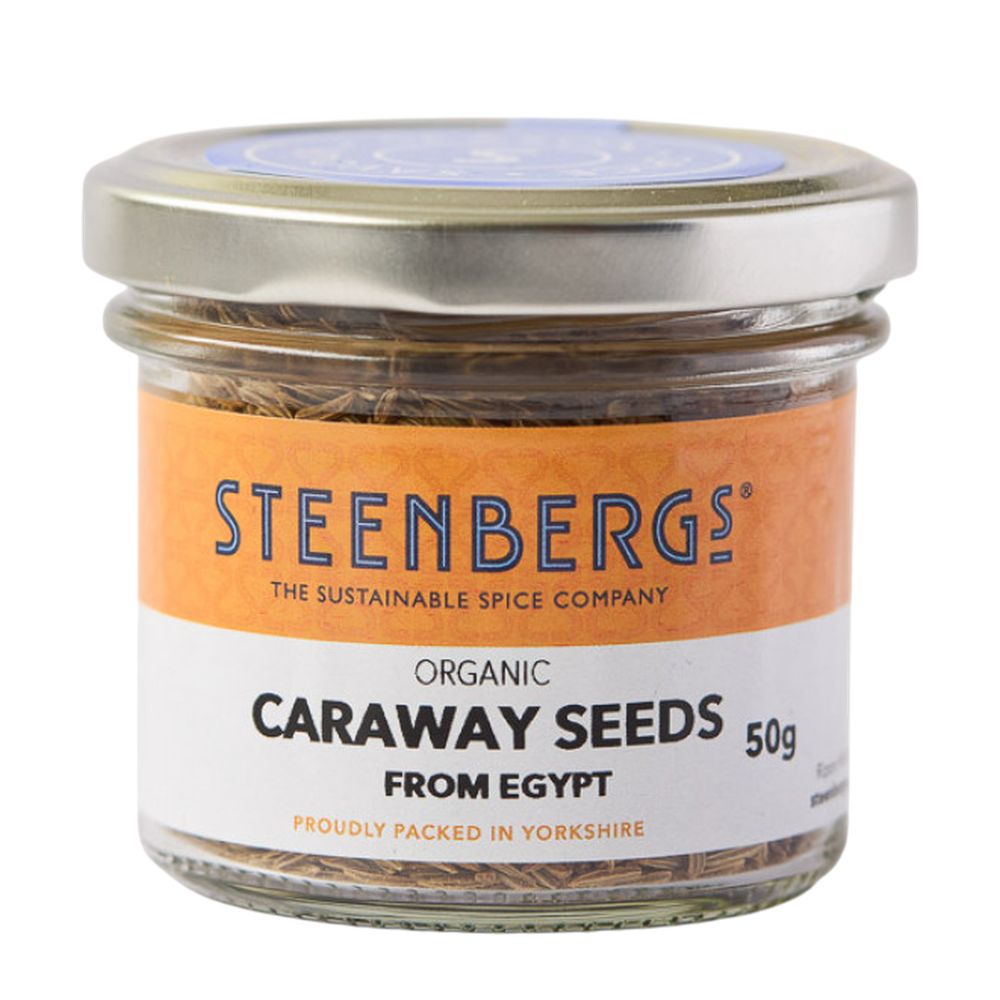 Jar of Steenbergs organic caraway seeds on a white background