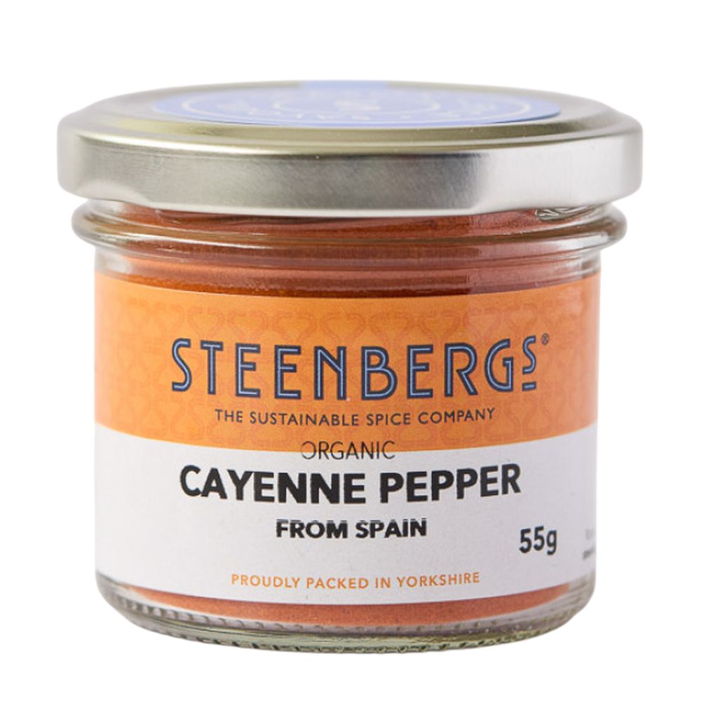 Jar of Steenbergs Organic Cayenne Pepper from Spain on a white background