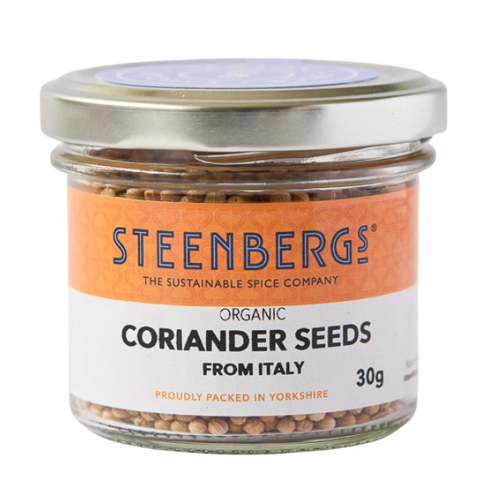 Jar of Steenbergs organic coriander seeds on a white background