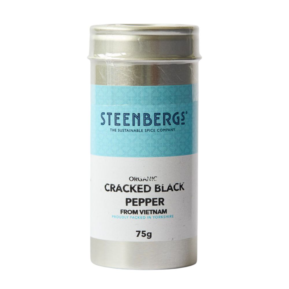 Steenbergs organic cracked black pepper container on a white background