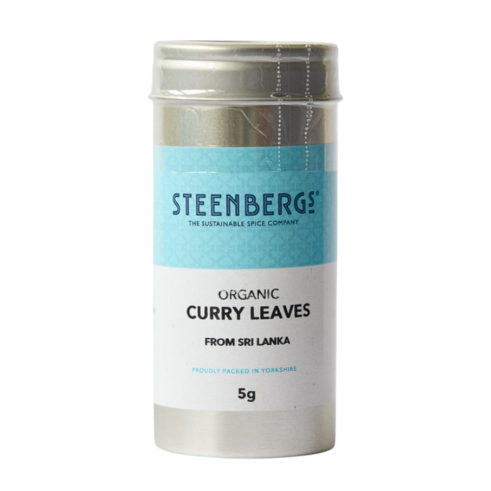 Steenbergs organic curry leaves container on a white background