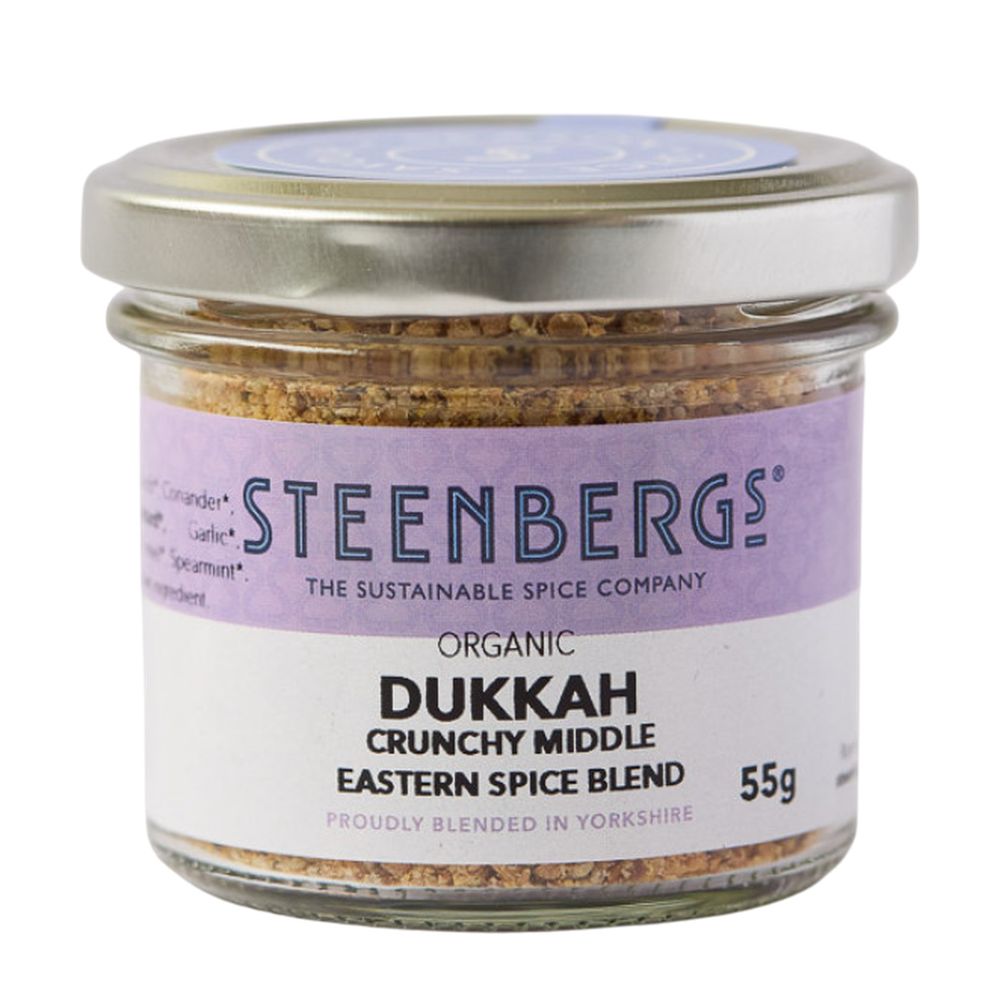Steenbergs dukkah spice blend jar on a white background