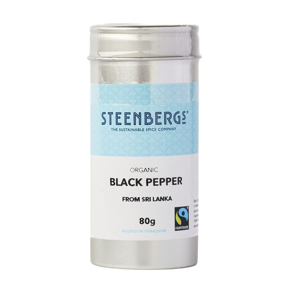 Steenbergs organic black pepper canister on a white background