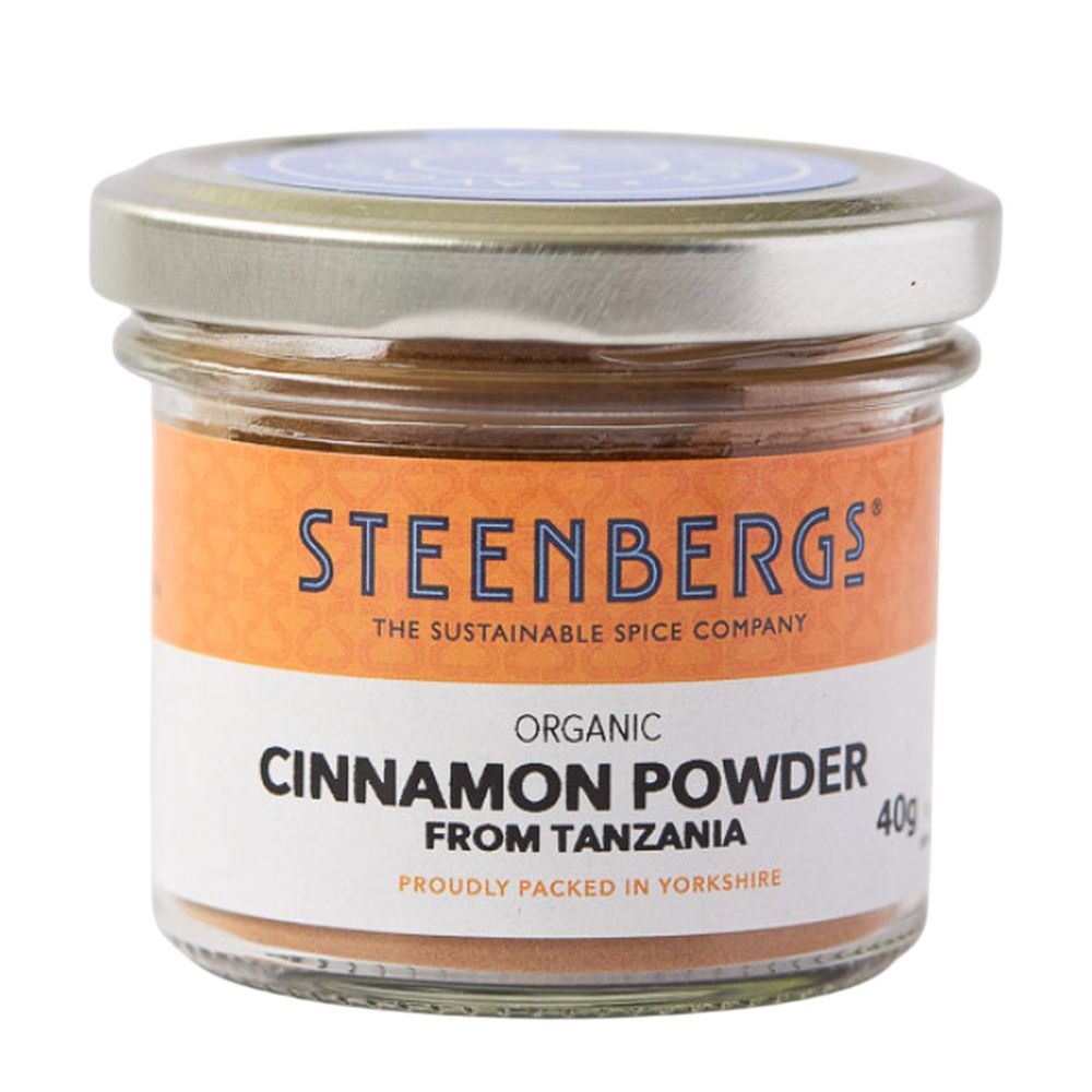 Steenbergs organic cinnamon powder jar on a white background