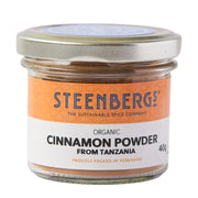 Steenbergs organic cinnamon powder jar on a white background